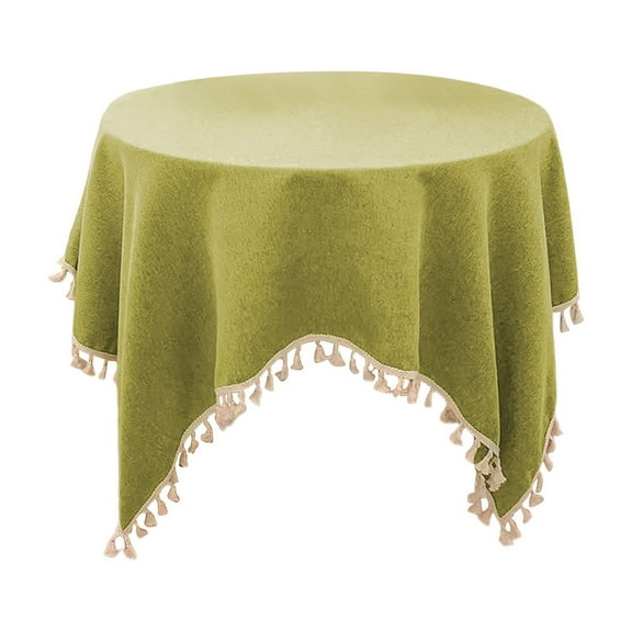 Linen Tablecloth with Tassels, Farmhouse Style Tablecloth, Water Resistant Burlap Tablecloths for Round Table, 35.43x35.43in Round Olive