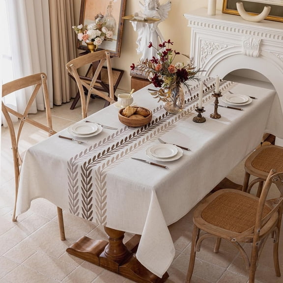 Linen Tablecloths for Rectangle Table, Heavy Duty Beige Embroidery Tablecloths, Burlap Farmhouse Tablecloth, and Wrinkle Table Cover