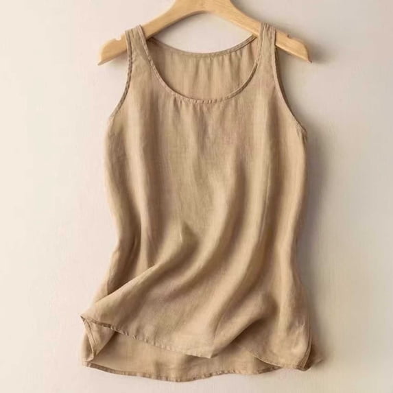 Linen Tank Top for Women Scoop Neck Sleeveless Basic Loose Fit Solid Color Lightweight Breathable Layered Look Summer Undershirt Casual Inner Wear Vest