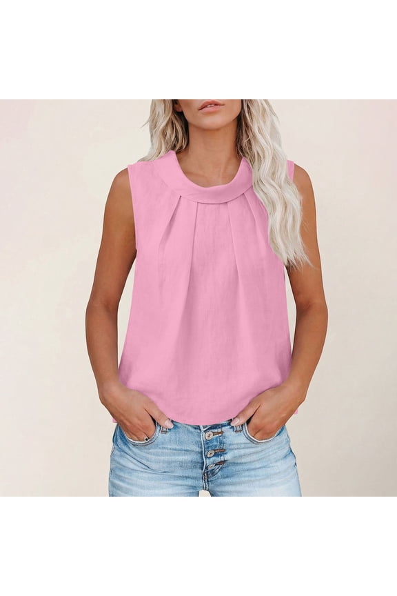 Linen Tank Top for Women Round Neck Sleeveless Fashion Pleated Drape Design Solid Color Lightweight Breathable Casual Summer Blouse