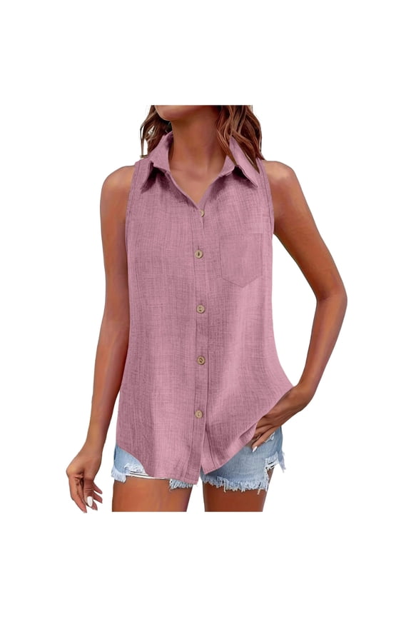Linen Tank Tops For Women Summer Cotton Linen Shirts for Women Sleeveless Collared Tops Oversized Button Blouses Work Shirt Casual Summer Tshirt