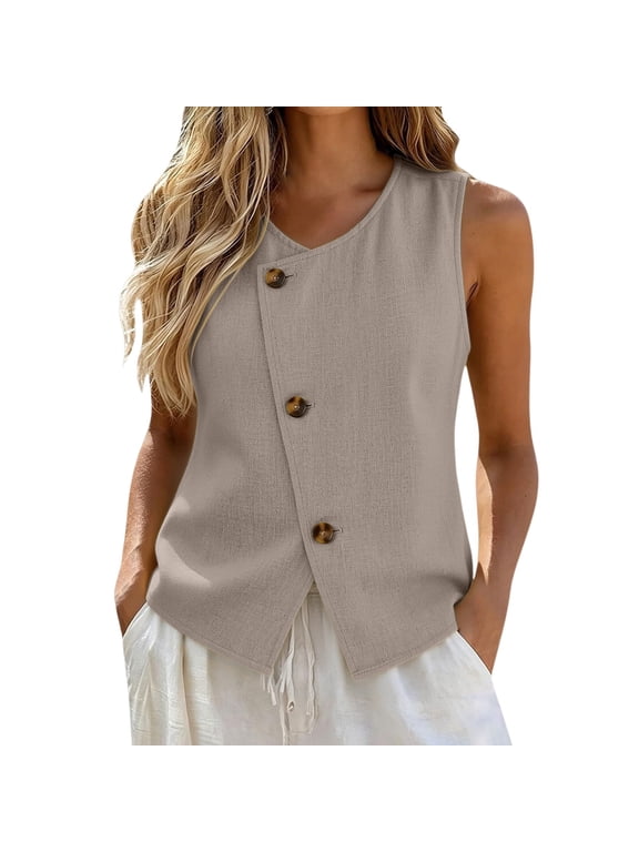 Linen Tank Tops for Women Cotton Linen Asymmetrical Wrap Button Vest Tops Cotton Linen Shirts Racerback Solid Vest Crewneck Shirt Work Vests Flowy Shirts Crop Going Out Tops Loose Fit Cami Tunic Top