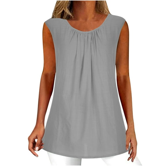 Linen Tank Tops for Women Lightweight Casual Shirts Crew Neck Sleeveless Blouses Front Pleated Fashion Trendy Outfits Business Outdoor Tees Summer Beach Tees Vests 2026 Gray