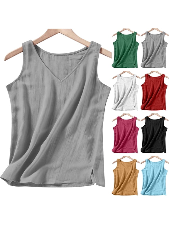 Womens Linen Tank V-Neck Sleeveless T- Female Loose Casual Solid Color Side Split Summer Tanks Shirt