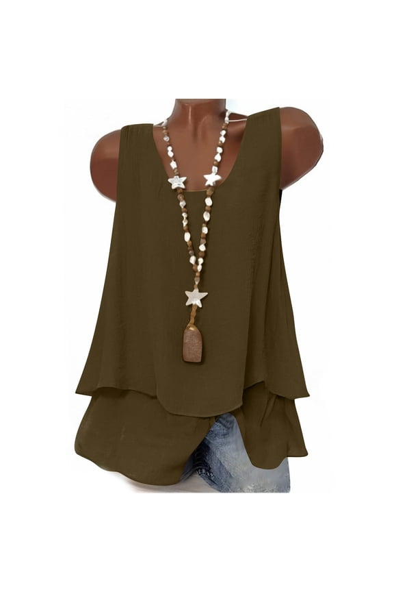 Linen Tank Tops Womens Sleeveless Dual-Layered Flowy Boho Tee Shirt Loose Fit Casual Beach Summer Blouses (2XL, Brown)