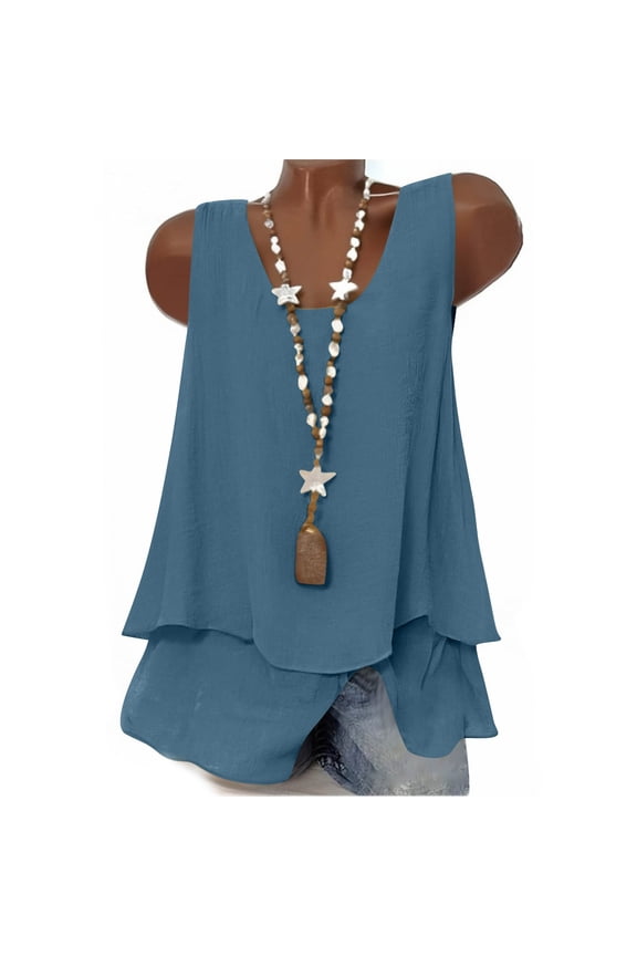 Linen Tank Tops Womens Sleeveless Dual-Layered Flowy Boho Tee Shirt Loose Fit Casual Beach Summer Blouses (XL, Blue)