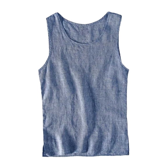 Linen Tank Tops for Men Summer, Solid Color Casual Sleeveless T Shirts, Light Blue 3XL