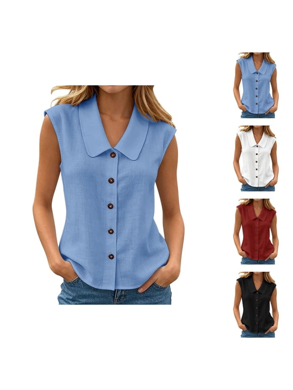 Linen Tank Tops for Women 2026 Summer Peter Pan Collar Button Down Sleeveless Shirt Office Work Blouse Vest Top