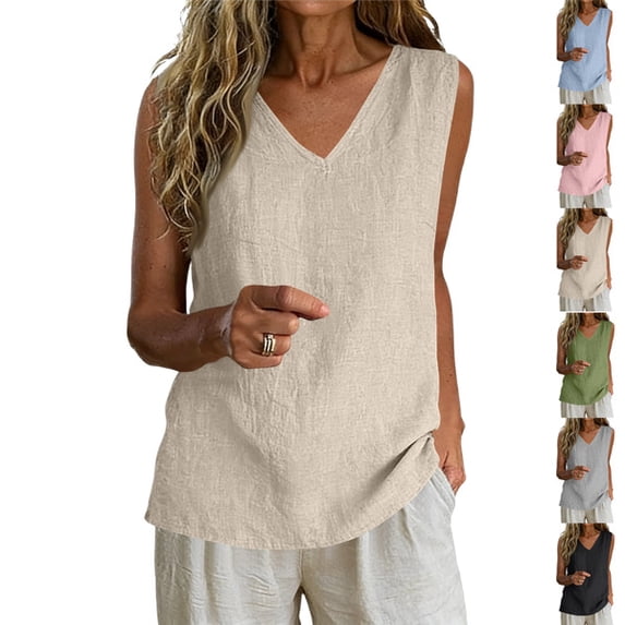 Linen Tank Tops for Women 2026 V Neck Summer Casual Comfy Sleeveless Shirts Loose Lightweight Gauze Camisoles,Beige ,L