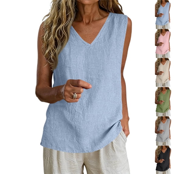 Linen Tank Tops for Women 2026 V Neck Summer Casual Comfy Sleeveless Shirts Loose Lightweight Gauze Camisoles,Light Blue ,M