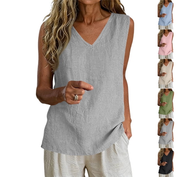Linen Tank Tops for Women 2026 V Neck Summer Casual Comfy Sleeveless Shirts Loose Lightweight Gauze Camisoles,Light Gray ,XL