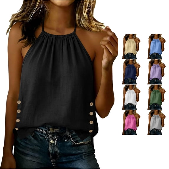 Linen Tank Tops for Women Backless Halter Neck Tank Sleeveless Blouse Casual Tank Top Size L