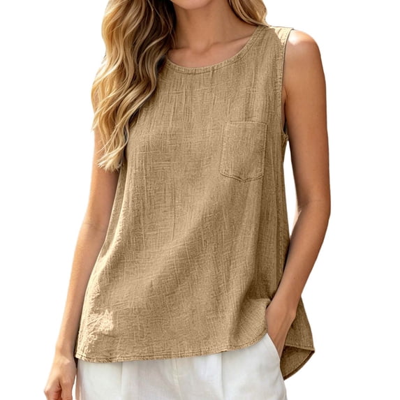 Linen Tank Tops for Women Casual Loose Camisole Sleeveless Gauze Shirts Plus Size Boho Spring Summer 2026 Clothing With Pocket