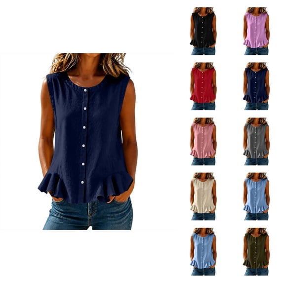 Linen Tank Tops for Women Lightweight Casual Crewneck Button Down Ruffle Hem Sleeveless Shirt Summer Blouses