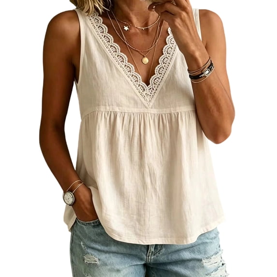 Linen Tank Tops for Women Petite Lace Trim V Neck Sleeveless Cotton Shirts Summer Casual Vacation Beach Boho Camis