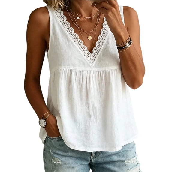 Linen Tank Tops for Women Petite Lace Trim V Neck Sleeveless Cotton Shirts Summer Casual Vacation Beach Boho Camis