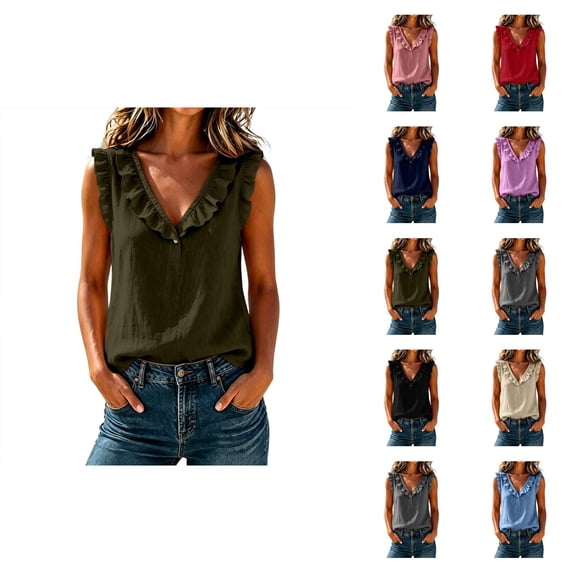 Linen Tank Tops for Women Ruffle V Neck Dressy Casual Summer Blouses Sleeveless Shirt Beach Vacation Outfits