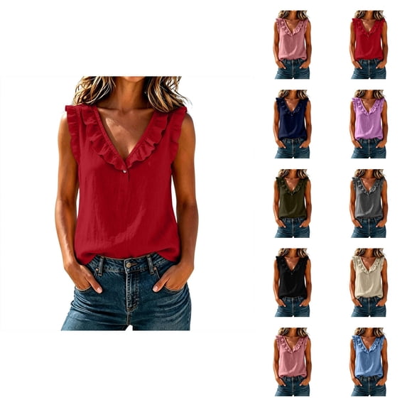 Linen Tank Tops for Women Ruffle V Neck Dressy Casual Summer Blouses Sleeveless Shirt Beach Vacation Outfits