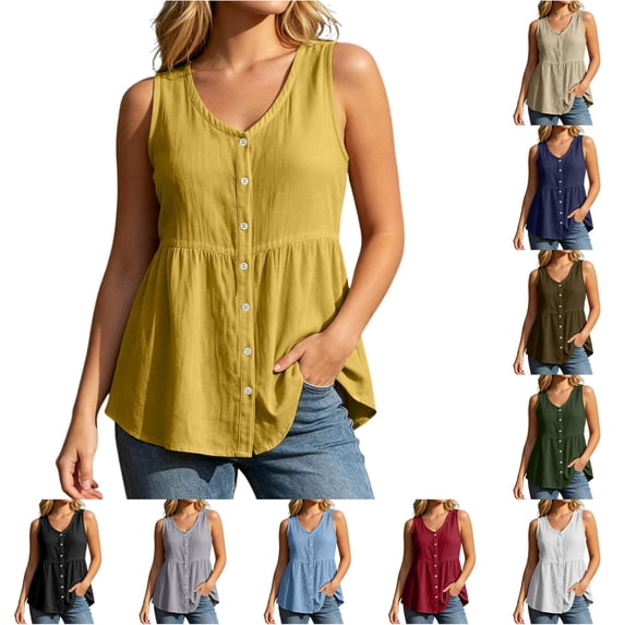 Linen Tank Tops for Women Sleeveless Button Front Loose Shirt Top Casual Lightweight V Neck Tank Size XL