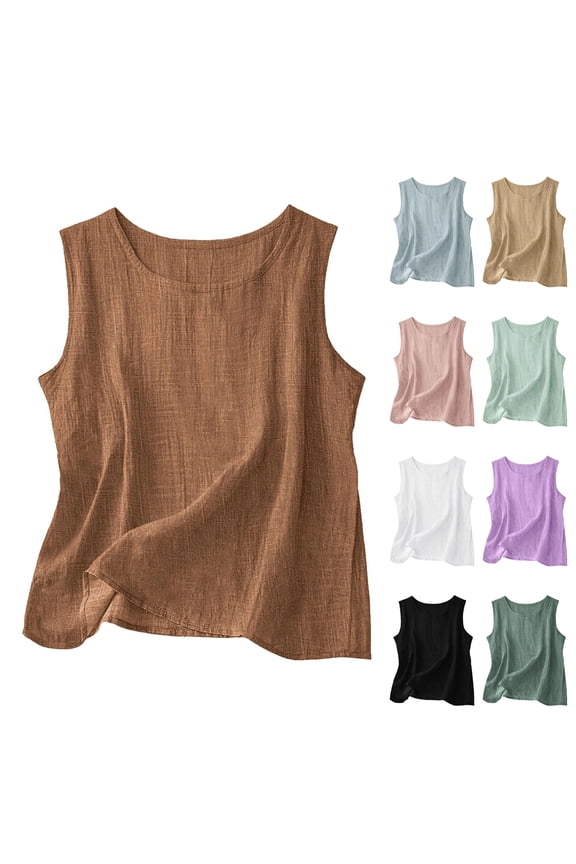 Linen Tank Tops for Women Sleeveless Crew Neck Wide Strap Flowy Loose Casual Cotton Gauze Shirts Solid Blouse 2026 Brown M