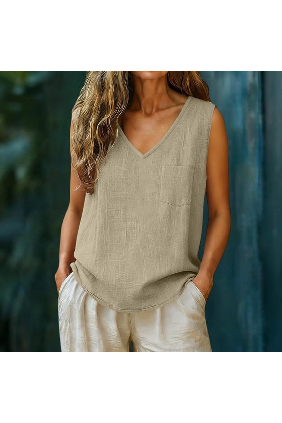 Linen Tank Tops for Women Sleeveless V Neck Casual Gauze Shirts Summer Loose Fit Linen Shirts Cami Front Pocket