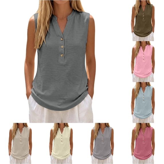 Linen Tank Tops for Women Solid Button down Tank Top Sleeveless Loose Tank Top Size M