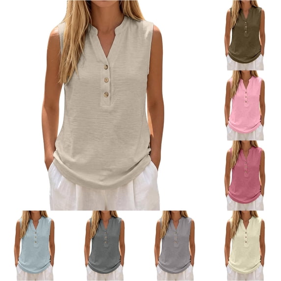 Linen Tank Tops for Women Solid Button down Tank Top Sleeveless Loose Tank Top Size S