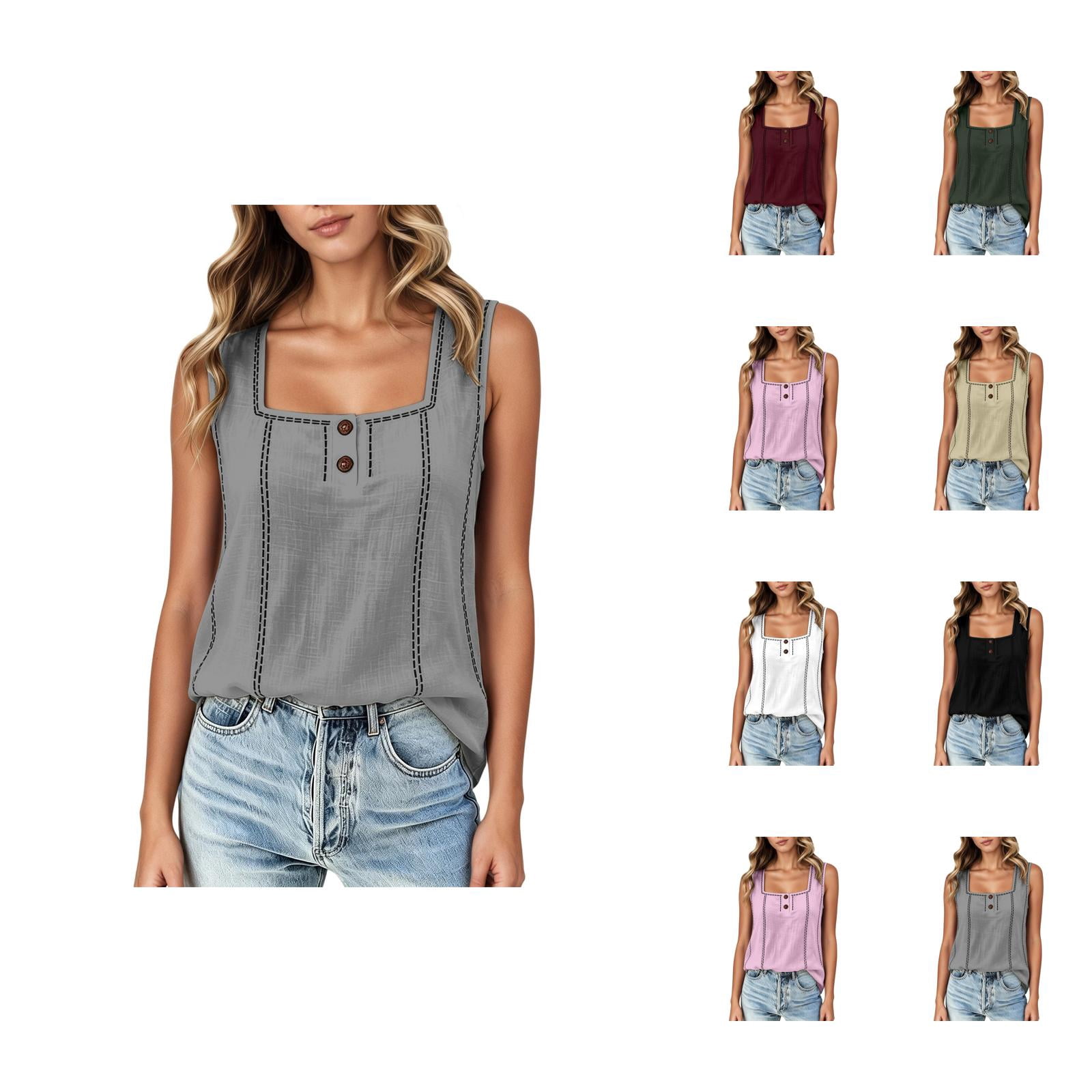 Linen Tank Tops for Women Summer Casual Loose Square Neck Dotted Line ...