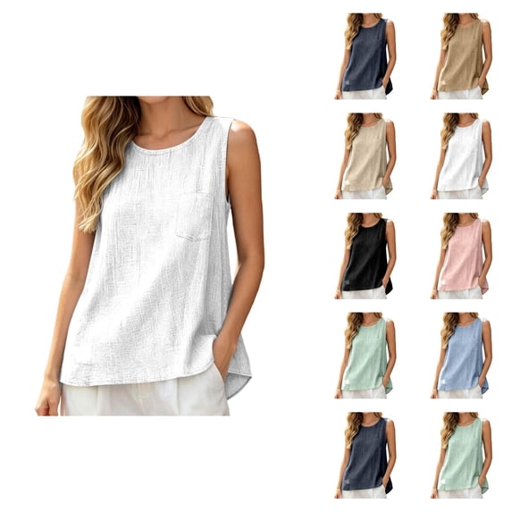 Linen Tank Tops for Women Summer Crewneck Loose Fit Sleeveless Shirts Casual Blouse Beach Vacation Outfits