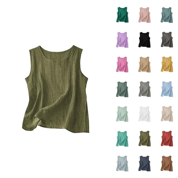 Linen Tank Tops for Women Summer Lightweight Crewneck Loose Sleeveless Tee Shirt Casual Blouse Beach Vacation Outfits