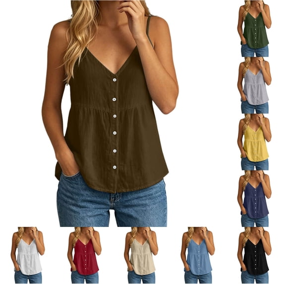 Linen Tank Tops for Women Summer Solid Spaghetti Strap Button down V Neck Camisole Lightweight Tank Top Size M
