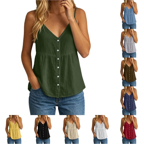 Linen Tank Tops for Women Summer Solid Spaghetti Strap Button down V Neck Camisole Lightweight Tank Top Size S