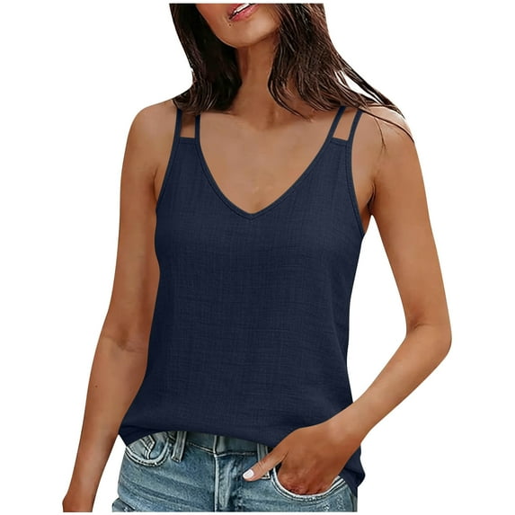 Linen Tank Tops for Women V-Neck Sleeveless Tee Shirts Female Spaghetti Straps Solid Color Cami Top