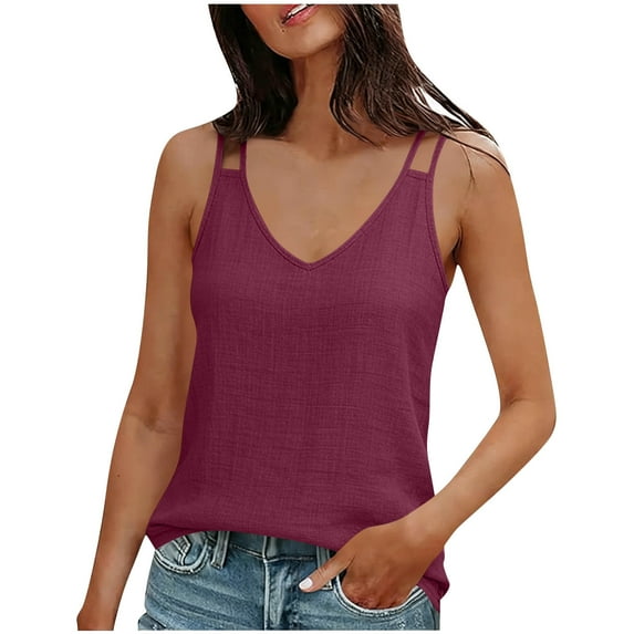 Linen Tank Tops for Women V-Neck Sleeveless Tee Shirts Female Spaghetti Straps Solid Color Cami Top