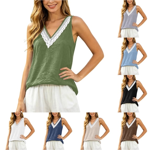 Linen Tank Tops for women Lace Sleeveless V Neck Tank Top Casual Loose Fit Blouse Size 2XL