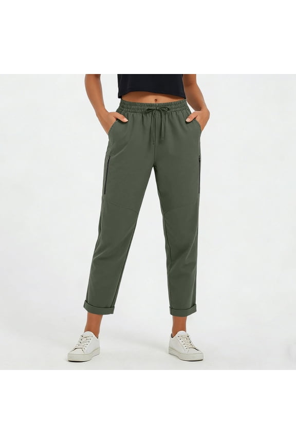 Linen Tapered Elastic Waist Pants for Women Lightweight Quick-Dry Joggers Breathable Active Bottoms Zipper Pockets Hiking Outdoor Sportswear