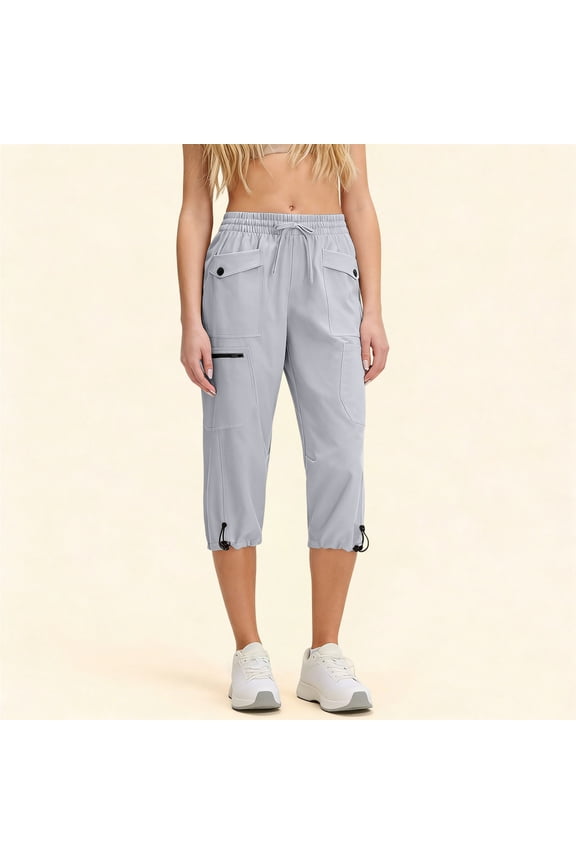 Linen Tapered Fit Drawstring Capris for Women Lightweight Quick-Dry Cargo Pants Multi-Pockets Cropped Bottoms Hiking Travel Outdoor-wear
