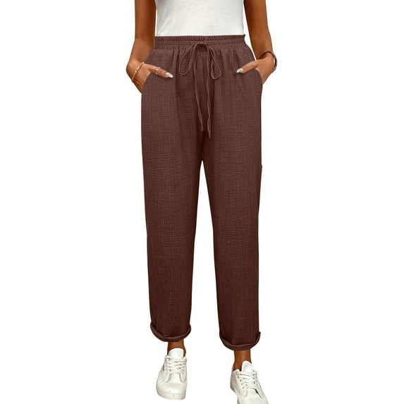 Linen Tapered Leg Pants Women Ankle Length High Waisted Elastic Waist Drawstring Cropped Pants Stretch Maternity Gauze Pants Coffee M