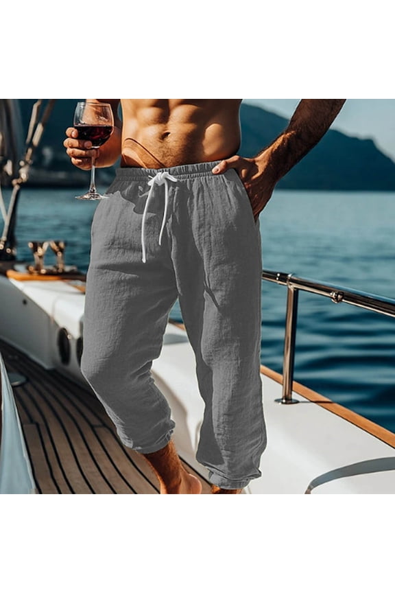 Linen Tapered Pants for Men Elastic Drawstring Waist Harem Trousers Lightweight Breathable Yoga Bottoms Loose Fit Beach Casual Vacation-wear