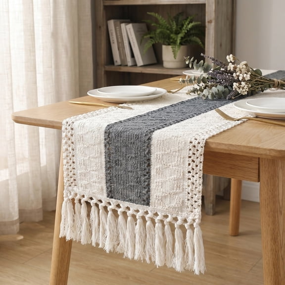 Linen Tassel Table Runner 20 Inches Long Farmhouse Rustic Table Runner Macrame Boho Table Runner with Tassels for Wedding Afternoon Tea Party,A