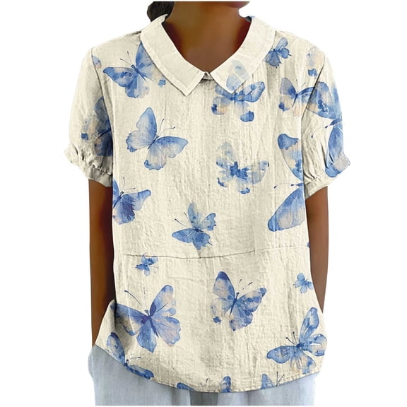 Linen Tee Shirts for Women Collared Short Sleeve Tops Printed Pullover Sweater Blouses Plus Size Oversized T-Shirts Lounge Breathable Tunics Tees Vacation Beach Party Clothing 2025