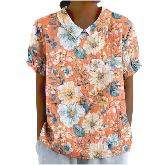 Linen Tee Shirts for Women Collared Short Sleeve Tops Printed Pullover Sweater Blouses Plus Size Oversized T-Shirts Lounge Breathable Tunics Tees Vacation Beach Party Clothing 2025
