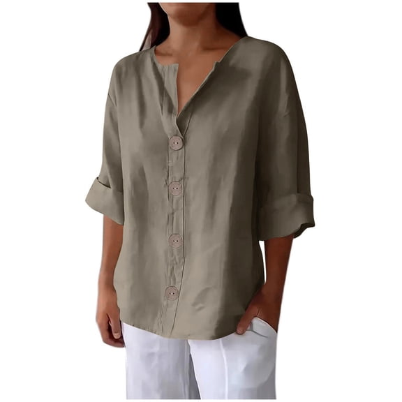 Linen Tee Shirts for Womens Henley Neck Tee Long Sleeve Tops Button Down Comfort Casual Tunics Blouses Relaxed Fit Tunic Tops Bussiness Offic Work Outfits 2025 Summer