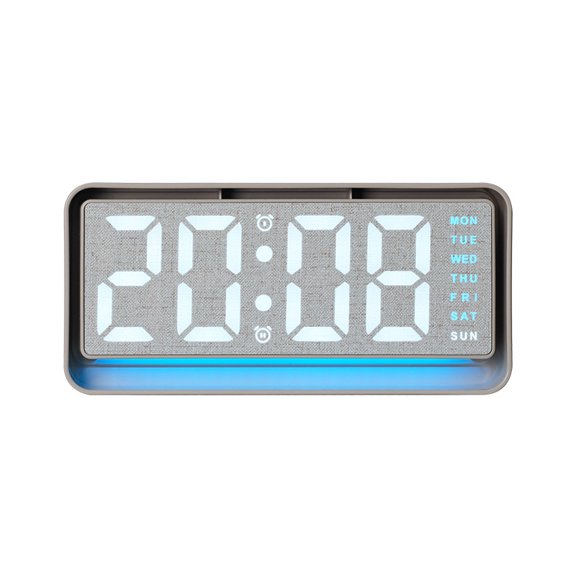 Linen Texture Digital Alarm Clock, Large LED Display Desk Clock with Week Indicator, Dual Alarms, Blue Ambient Light, Adjustable Brightness, USB Powered Bedside Clock for Bedroom
