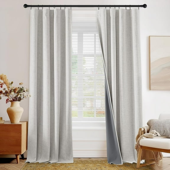 Linen Textured 100% Blackout Curtains 108 Inches Long, Full Black Out Thermal Insulated Rod Pocket Back Tab Drapes, 2 Panels Set, Off White