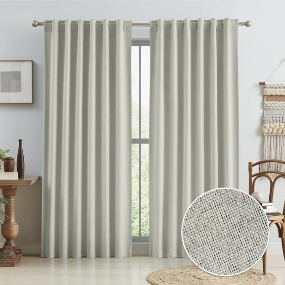 Linen Textured Blackout Curtains, Heat and Full Light Blocking Drapes, Warm Grey Farmhouse Boho Back Tab Pleated Curtains for Bedroom, W50 x L84 Inches Drop, Greyish Beige