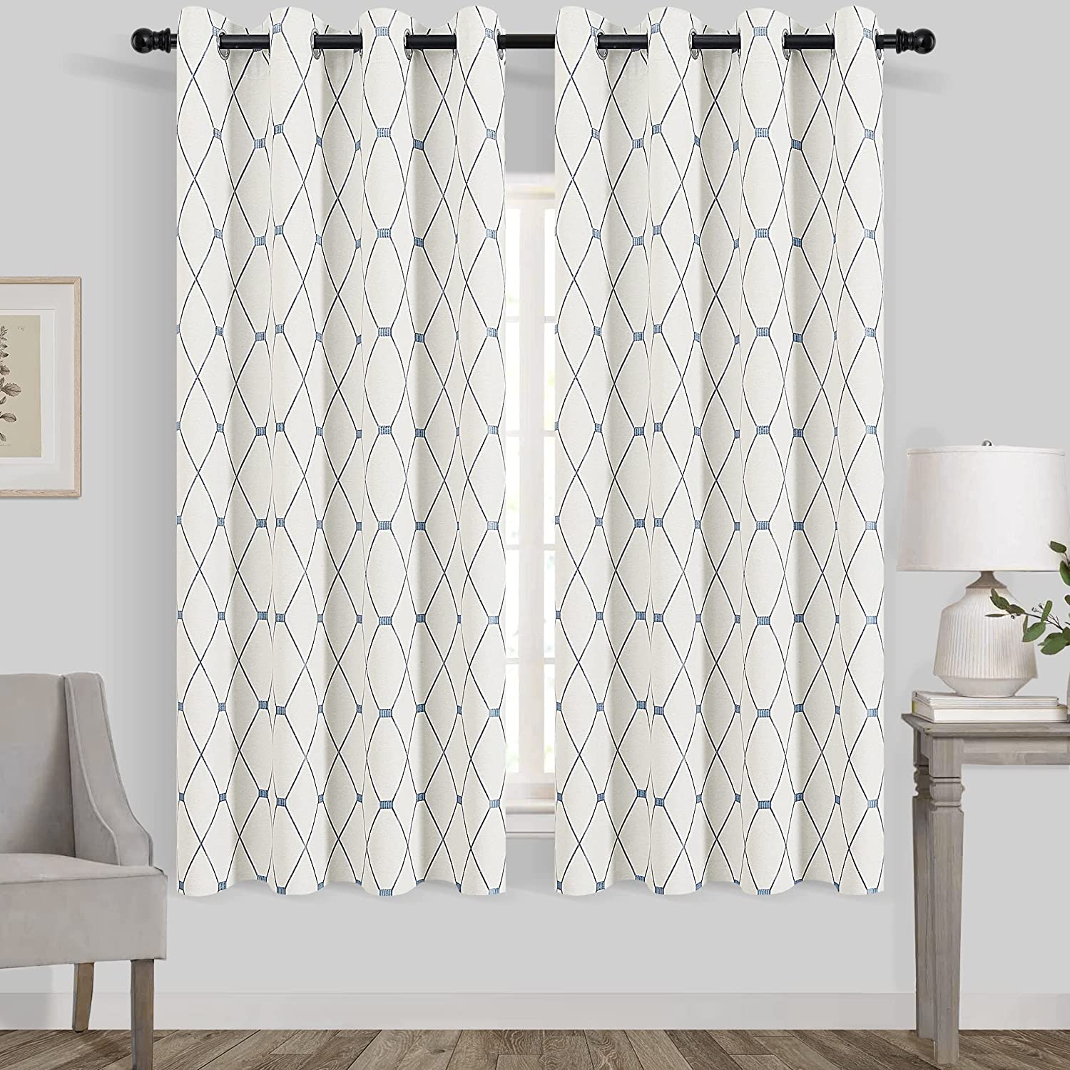 Linen Textured Curtains 72 inch length 2 panels for Bedroom Embroidered Farmhouse Window