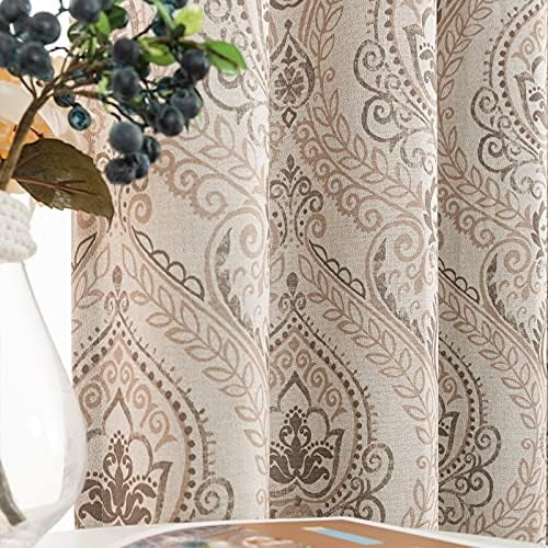 Linen Textured Curtains for Living Room Darkening 90 Inch Length, Medallion Drapes for Bedroom, Damask Pattern Window Treatments Vintage Curtain Panels, 2 Panels Taupe on Greige