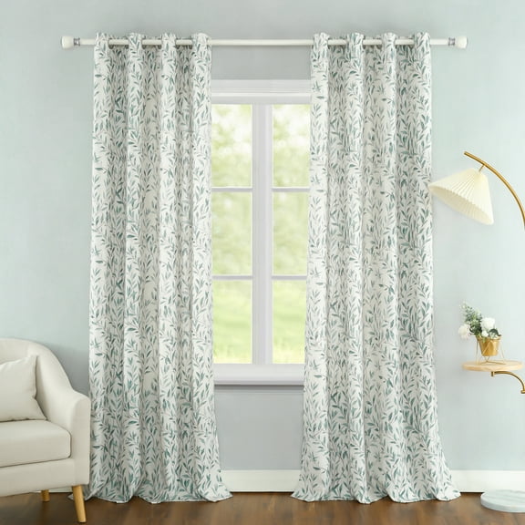 VOGOL Linen Textured Green Leaves Printed Window Drapes, Country Style Light Filtering Curtains for Bedroom, Grommets, W52"xL84", One Panel, Blue