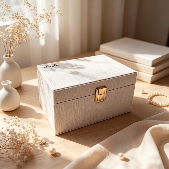 Linen Textured PU Leather Storage Box for Jewelry Keys Cards and Small Keepsakes, Soft Flannel Lined with Gold Metal Buckle,7.25.123.74", Beige